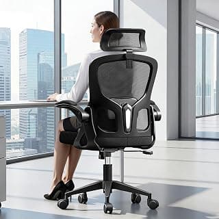 Ergonomic Office Chair, High Back Desk Chair with Flip-up Arms, 300 LBS Mesh Computer Chair with Adjustable Headrest & Lumbar Support, Comfy Gaming Chair for Adults, Home Office Desk Chairs (Black)