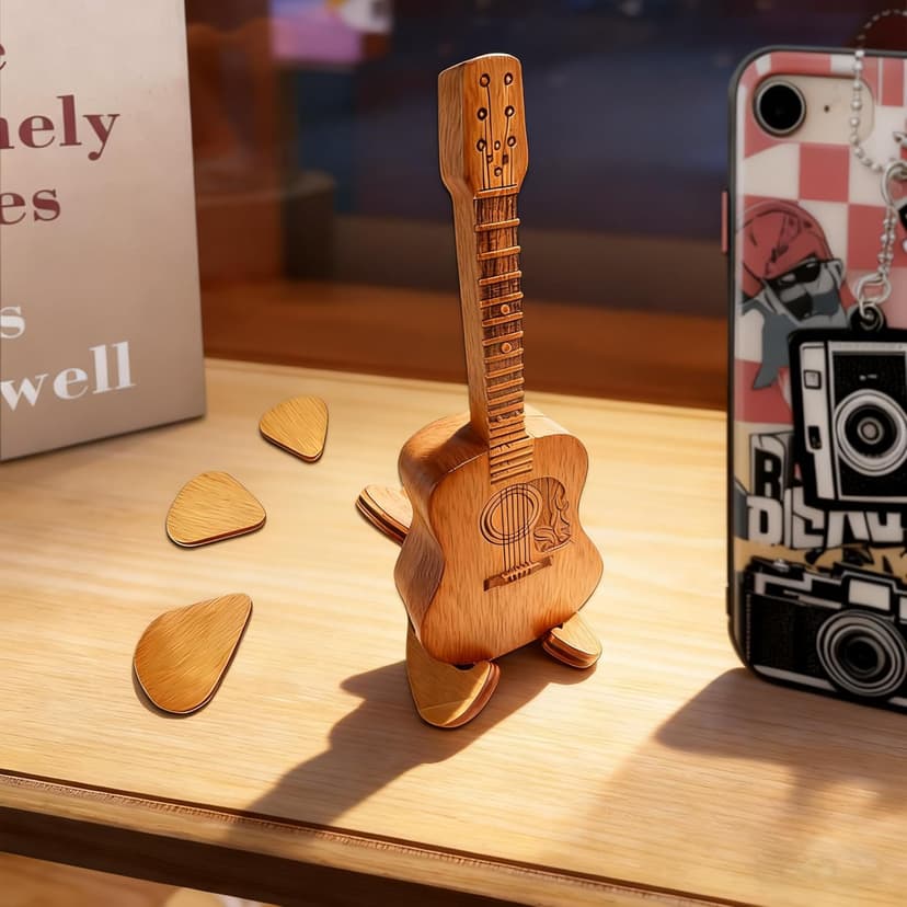 Doyyi Wooden Music Accessory Case with 3 Guitar Picks, Portable Holder and Storage Box for Plectrums - Thoughtful Gift for Guitar Players