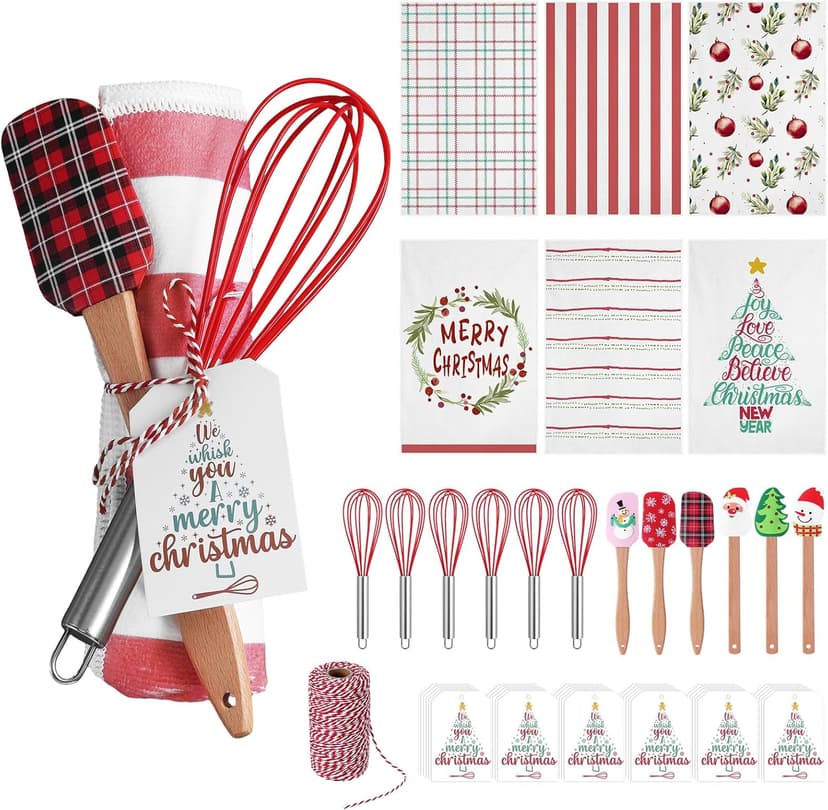Mimorou 6 Sets Christmas Whisks Kitchen Gifts Stainless Steel Whisks Silicone Spatulas Towels Greeting Cards Rope for Neighbor Employee Baking Gift Xmas Cooking Supplies