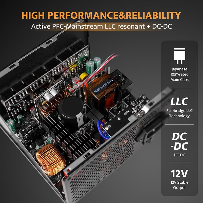 darkFlash PMT850 Fully Modular Power Supply ATX 3.1& PCIe 5.1 Ready, 2 x 12VHPWR Cable Included, 100% Japanese 105°C Capacitors, 80 Plus Gold Gaming PSU, Compact 150mm Size, 5 Year Warranty(Black)