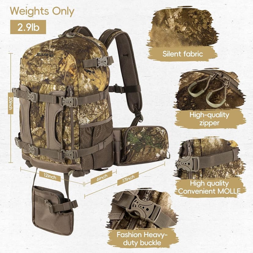 BLISSWILL Hunting Backpack Hunting Day Pack with rifle holder Hunting Gear Accessories gift for men(Timbreon camo)