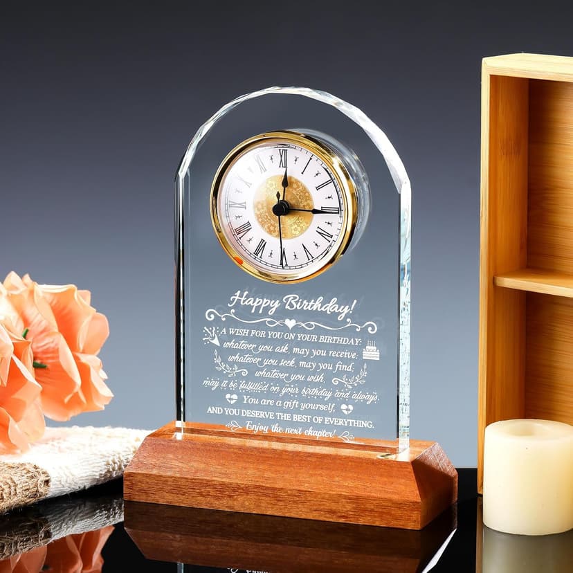 Unique Birthday Keepsake, Wooden LED Light Base, Presents for Daughter Son Mom Dad Granddaughter Friends, Home Office Decor Arikyrist Happy Birthday Gifts for Women Men Glass Quartz Clock for Him Her B0GJ4XSTVF