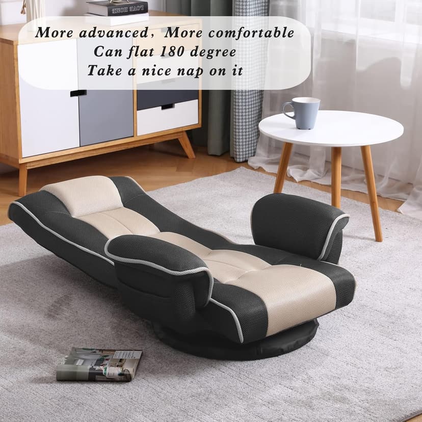 360 Swivel Gaming Floor Chair with Armrest Multi-Angle Folding Floor Chair Padded Backrest Lazy Sofa Lounge Chair for Living Room, Home Office QL201W-US-GR