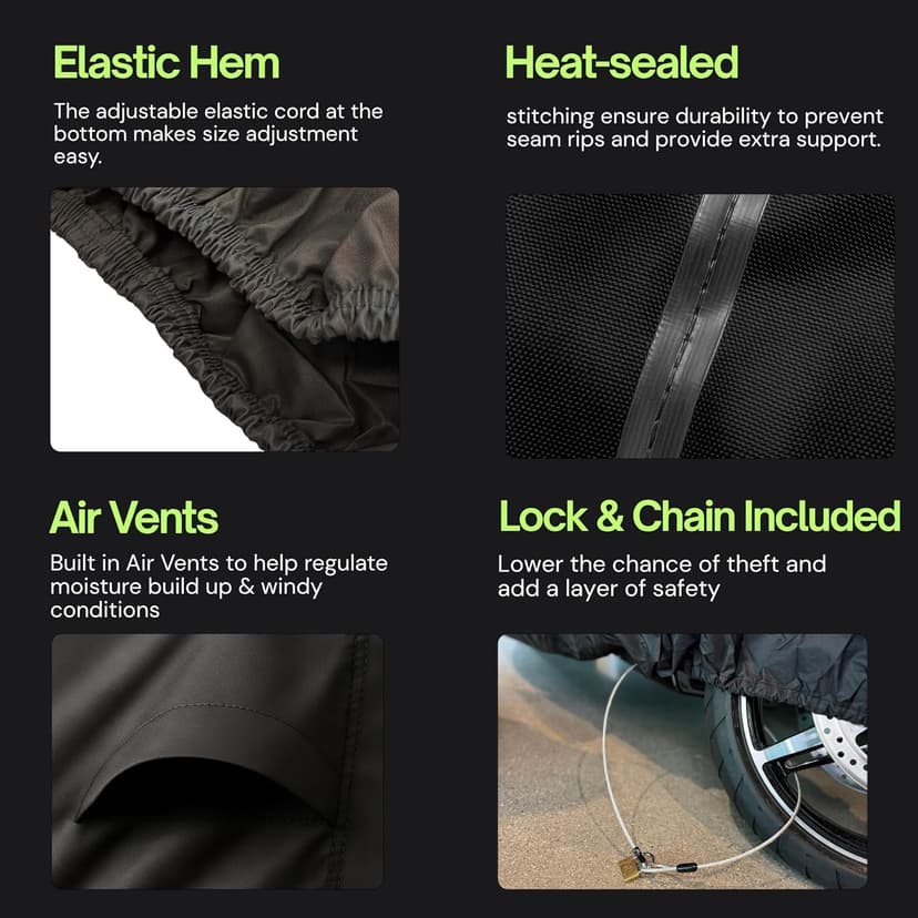 Light Weight Motorcycle Cover (L) with Cable & Lock. Fits up to 84" Length Sport Bike, Dirt Bike, Small Cruiser.