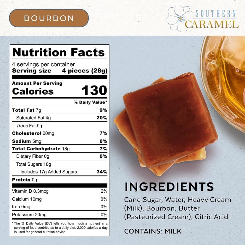 Soft Buttery Gourmet Caramel Candy Infused with Smooth, Top-Shelf Bourbon, Gluten Free, No Corn Syrup, Gift Ready Pieces Southern Caramel Bourbon Caramels, Handcrafted, 4 oz (Pack of 1) B0F3JVKW34