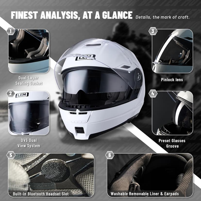 LEM Modular Motorcycle Helmets Fiberglass, Full Face Motorcycle Helmet Flip Up for Touring, DOT Certified, Release Sun Visor & Removable Comfort Liner, Lightweight Street Bike Helmet (White, M)