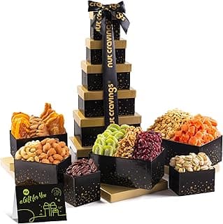 NUT CRAVINGS - Diwali Sweets Hamper Dried Fruit & Mixed Nuts Gift Basket in Black Tower + Ribbon (12 Assortments) Food Arrangement, Healthy Snack Care Package, Food Assortments