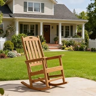 Rocking Chair Indoor Oversized Wooden Slatted Porch Rocker for Outdoor All Weather Lounge Garden Chair Comfortable Seating for Patio Deck Backyard Lawn Fire Pit, Wide Seat and High Back, Teak