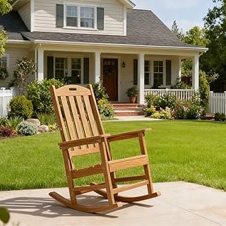 Rocking Chair Indoor Oversized Wooden Slatted Porch Rocker for Outdoor All Weather Lounge Garden Chair Comfortable Seating for Patio Deck Backyard Lawn Fire Pit, Wide Seat and High Back, Teak