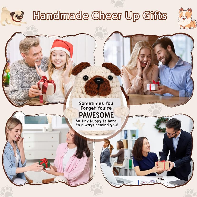 Positive Crochet Animals Puppy for Mom Women Friend Birthday, Emotional Inspirational Support Presents for Pet Lover Dog Mom Dad, Cute Handmade Tiny Pug Plush Doll