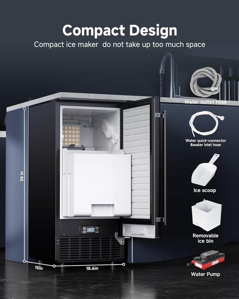 Commercial Under Counter Ice Maker with Drain Pump, Produces 85Lbs Daily Output, 24Lbs Storage Capacity, Self-Cleaning, 24H Timer, Built-in Freestanding Design, Ice Machine for Home, Bar, Cafe