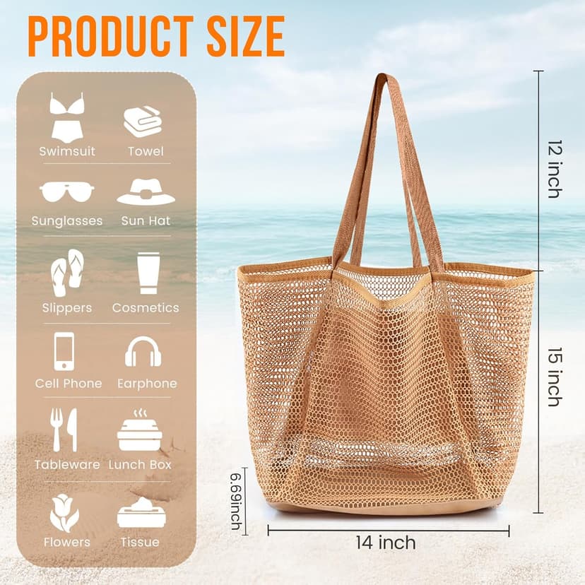 HOHOM Beach Bags for Women, Summer Travel Mesh Tote Bag with Large Inner Pocket, Sandproof Woven Shoulder Handbag