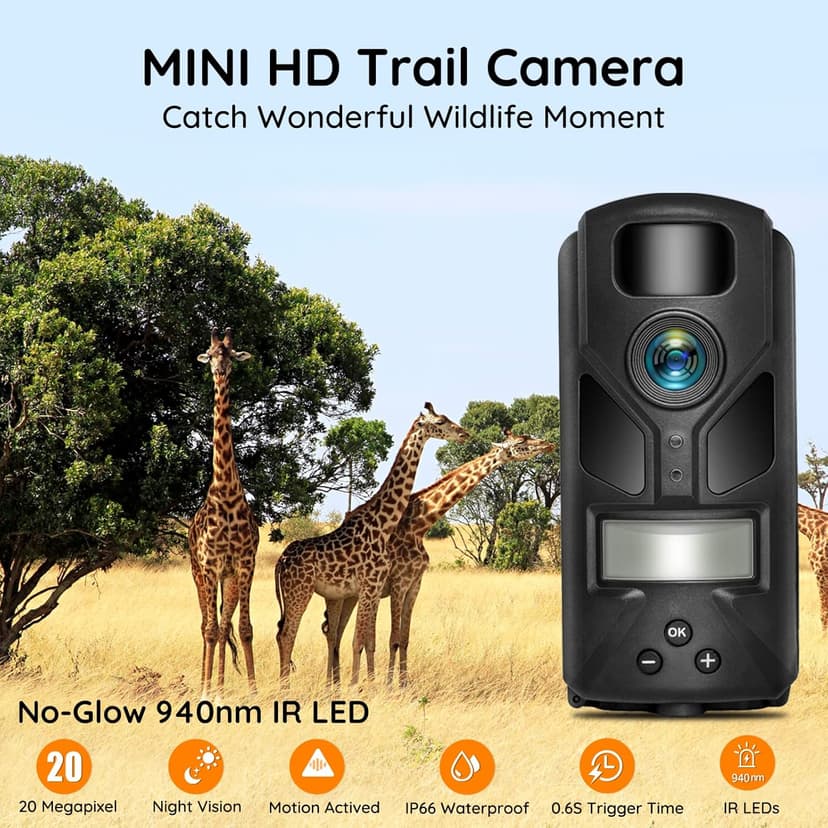20MP MINI Trail Camera,1080P Hunting Trail Camera with No Glow 940nm Night Vision Motion Activated IP66 Waterproof,80ft Illumination Range Hunting Game Cam for Wildlife Monitoring
