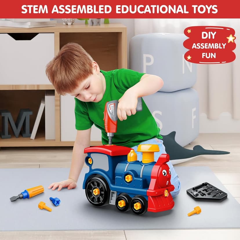 BASUN Toddler Take Apart Toy Set with Electric Drill, DIY Electric Train Assembly, STEM Building Learning Toys, Xmas Gifts for 3-8 Year Old Boys & Girls