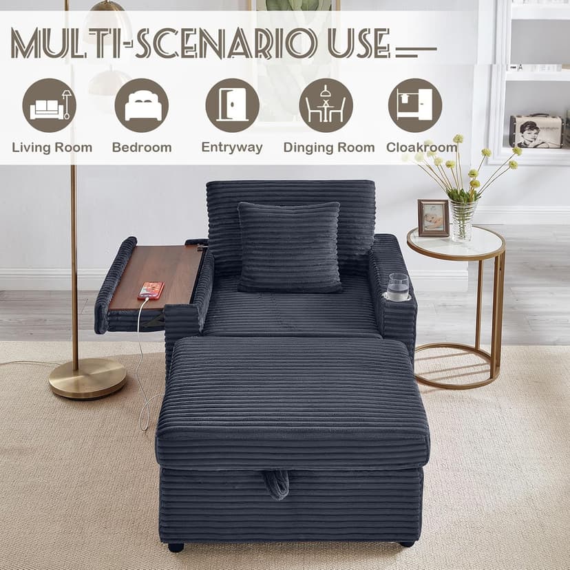 Chaise Lounge Chair Indoor with Ottoman, Corduroy Sofa Bed with Table Board, USB Ports, Cup Holder & Pillow, Boneless Chaise Lounge for Storage Space Living Room Bedroom Apartment (Grey)