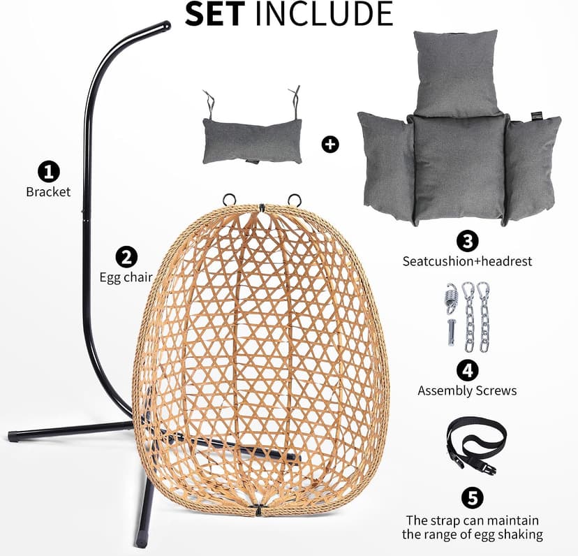 LEX CRAFT Egg Chair with Stand, Patio Wicker Hanging Chair, Hammock Swing Chair, 350LBS Capacity for Bedroom, Balcony, Garden (YE-GR)