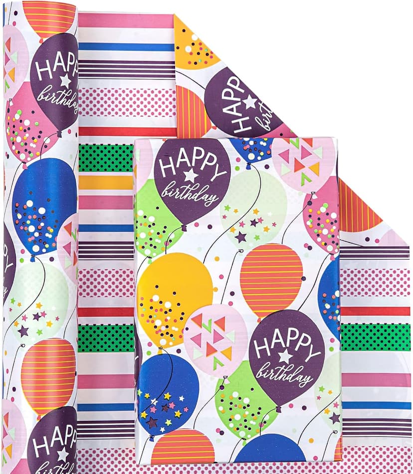 WRAPAHOLIC Reversible Birthday Wrapping Paper - Mini Roll - 17 Inch X 33 Feet - Colorful Balloon with Confetti Design for Birthday, Holiday, Party, Baby Shower B0BJ6V38SZ
