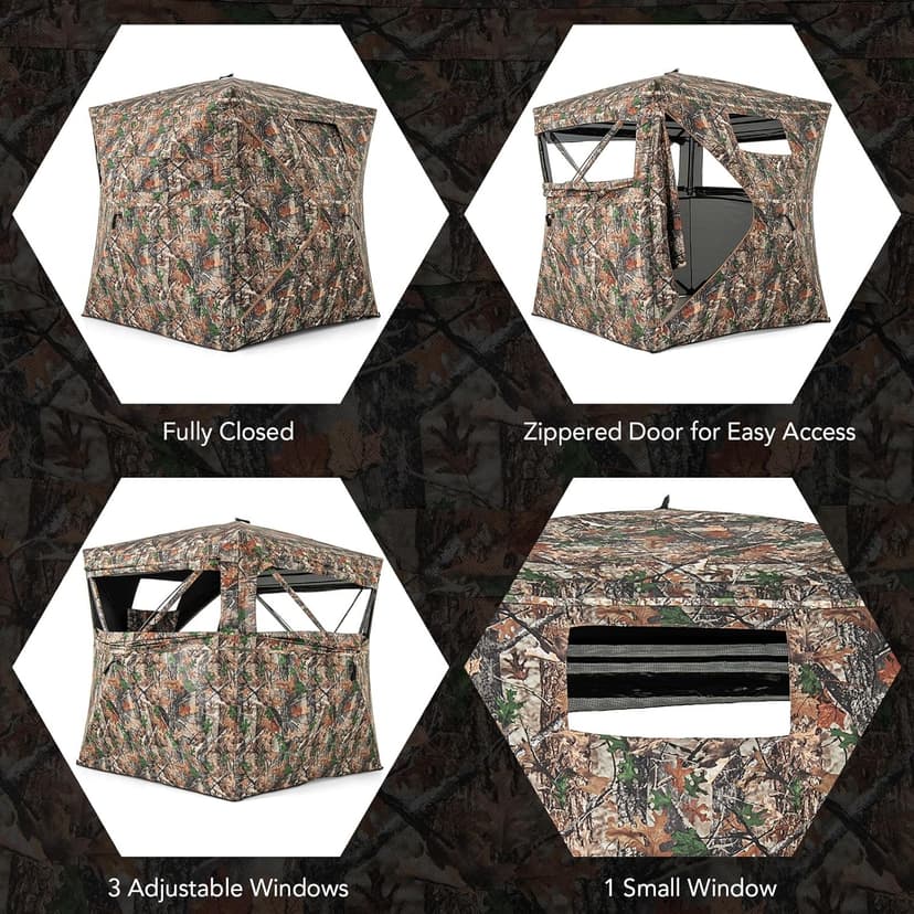 Tangkula Extra Tall 3-4 Person Hunting Blind, 270 Degree See Through Ground Blind with Silent Slide Windows, Zippered Door, Carry Bag, Pop Up Deer Blind for Turkey Hunting, Camouflage