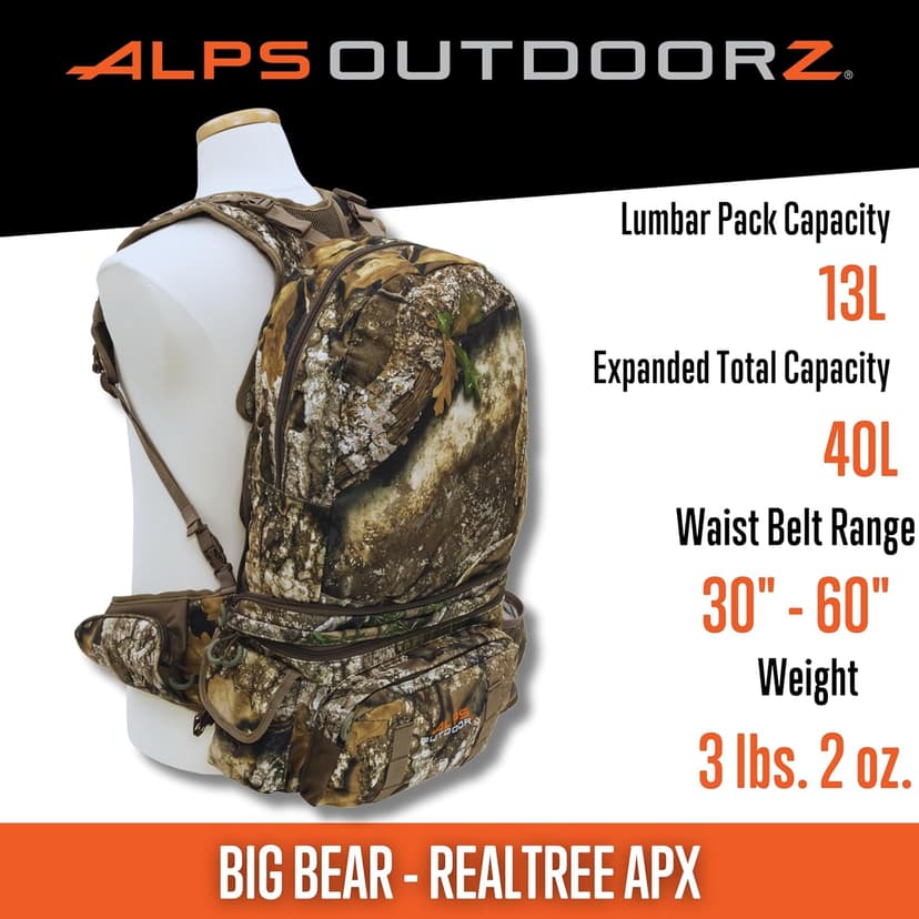 ALPS OutdoorZ Big Bear Day Pack – Realtree APX Camouflage Expandable Hunting Backpack with Large Capacity, Multiple Storage Pockets & Adjustable Straps for Deer & Big Game Hunting
