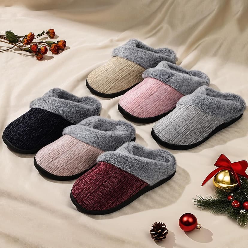Homitem Slippers for Women Fuzzy House Slip on Indoor Outdoor Bedroom Furry Fleece Lined Ladies Comfy Memory Foam Female Home Shoes Anti-Skid Rubber Hard Sole