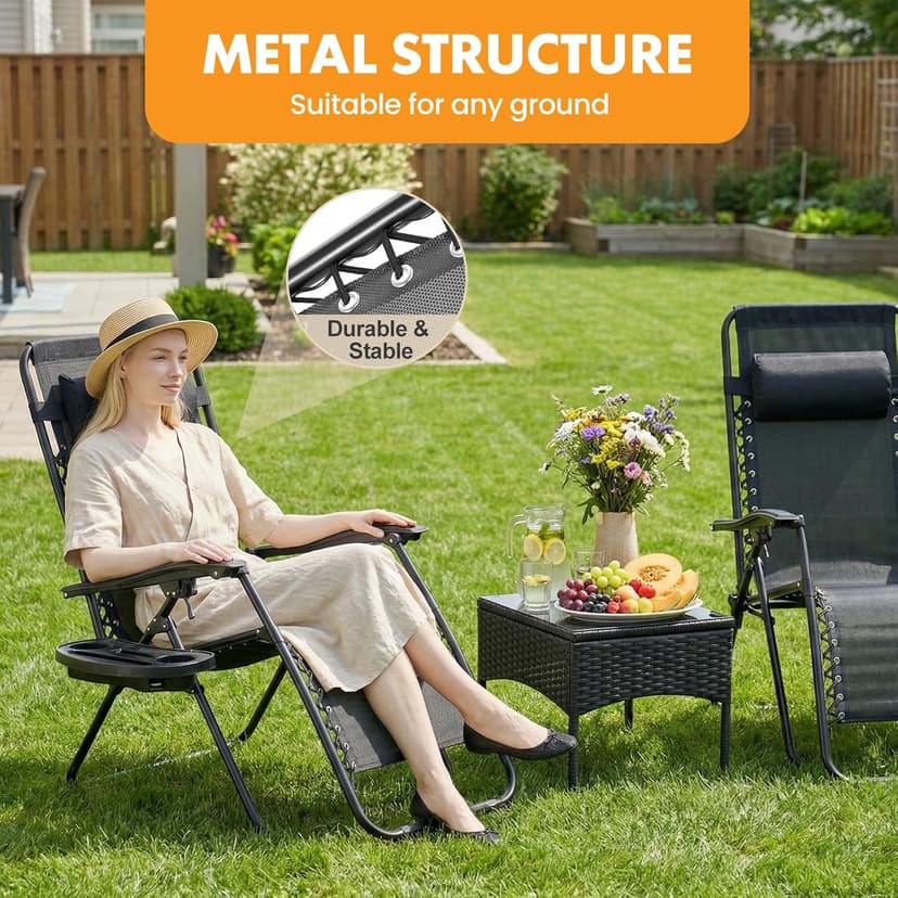 NEWBULIG Zero Gravity Chair Set of 2, Lounge Chair Folding Portable Adjustable Camping Reclining Chairs with Adjustable Pollow, Mesh Back, Cup Holder Trays Lawn Patio Chair for Pool Beach