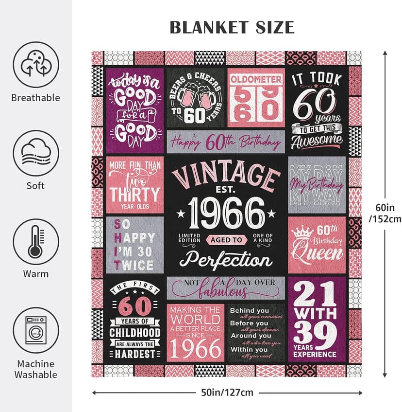 60th Birthday Gifts for Women Throw Blanket 60"x50", Best Gifts for 60 Year Old Woman, 60th Birthday Gift Ideas, 1966 Birthday Gift for Women, 60 Year Old Party Favors/Decorations for Woman B0CQR5HB89