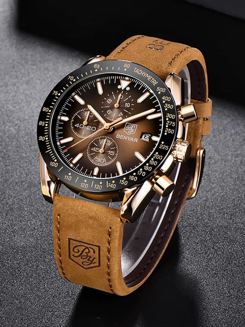 BENYAR Mens Watches Quartz Movement Chronograph Leather Strap Fashion Business Sport Design 30M Waterproof Scratch Resistant Elegant Gifts for Men