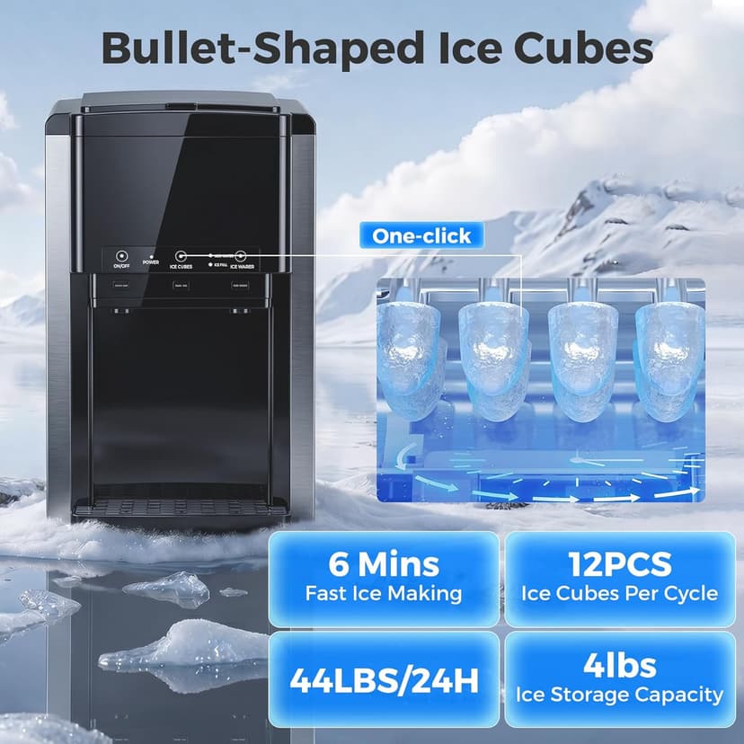 3-in-1 Water Dispenser with Ice Maker,Countertop Nugget Ice Machine with Bullet & Crushed Ice,44Lbs/24H,12 Ice Cube/6Min, Self-Cleaning, 4Lbs Storage, Home, Kitchen,RV (Silver) (Silver)