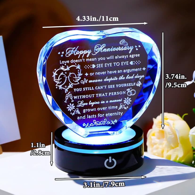 YWHL Wedding Anniversary Crystal Heart Gifts for Couple Parents, Happy Anniversary Marriage Gifts for Wife Husband Him Her Men Women with LED Base Romantic Presents for Girlfriend Boyfriend