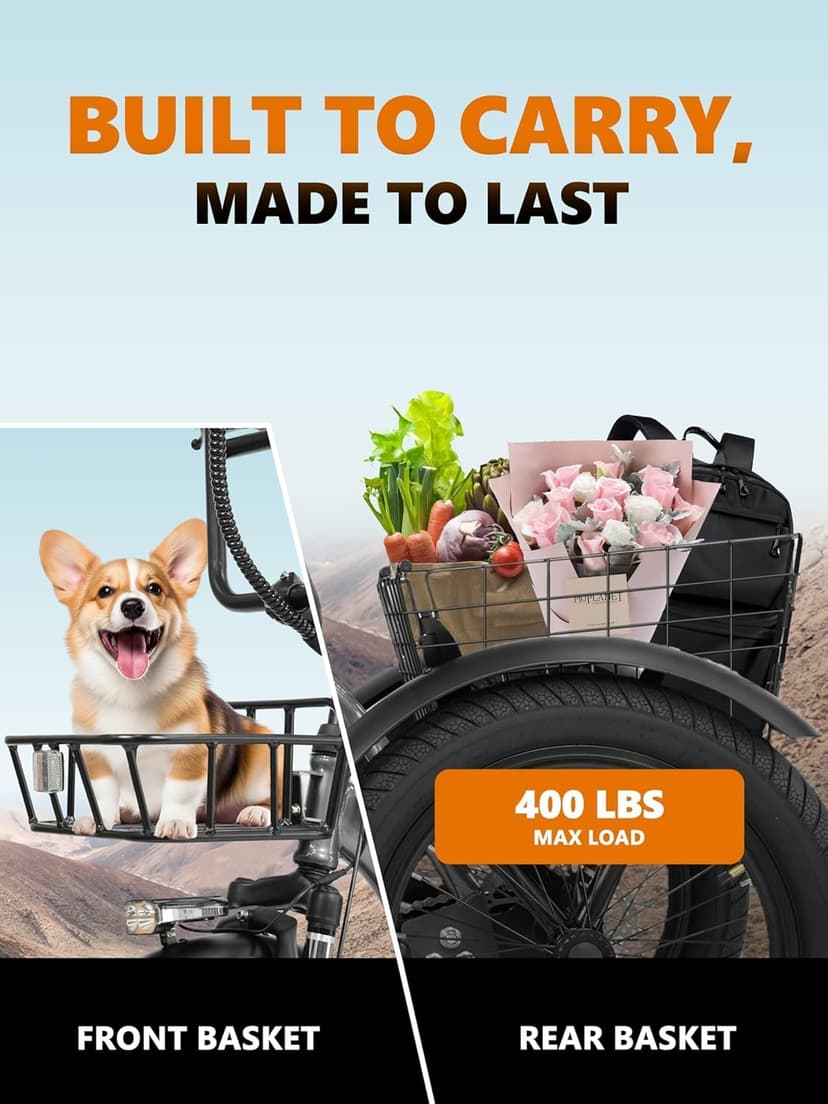 T300 Adults Electric Trike Bike, 1200W Peak Motor & 624Wh Removable Battery,18x3.0 Fat Tire Foldable 3-Wheel E-Bike with Step-Thru Design, Up to 65 Miles, Gift for Parents