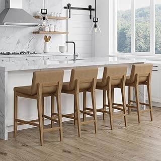 Nathan James Gracie Modern Counter Height Bar Stool with Back, Counter Stool Upholstered Chair with PU Leather and Brushed Wooden Legs, Light Brown, Set of 4