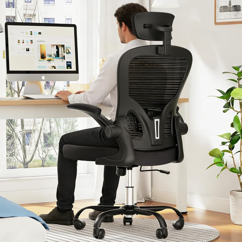 Ergonomic Office Chair, 300lbs High Back Breathable Mesh Desk Chair with Lumbar Support, Comfy Gaming Chair with Headrest and Flip-Up Arms, 360° Swivel Computer Task Chair for Home Office, Black