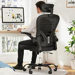 Ergonomic Office Chair, 300lbs High Back Breathable Mesh Desk Chair with Lumbar Support, Comfy Gaming Chair with Headrest and Flip-Up Arms, 360° Swivel Computer Task Chair for Home Office, Black