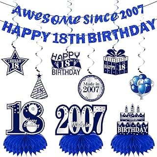 11Pcs 18th Birthday Decorations Kit for Boys Men, Blue Sliver Happy 18th Birthday Banner, Awesome Since 2007 Centerpieces Swirls Party Supplies, Eighteen Bday Banner Ceiling Table Topper Sign