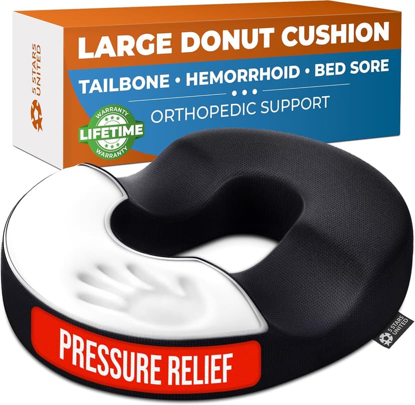 5 STARS UNITED Donut Pillow Hemorrhoid Tailbone Cushion – Large Floor Cushion for Pain Relief – Coccyx, Prostate, Sciatica, Pelvic Floor, Pressure Sores, Pregnancy, Postpartum Recovery, Black