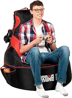 Throne Boss Gaming Bean Bag Chair Cover for Adults with High Back, Red – Large Floor Gaming Chair Cover, Easy to Clean Fabric, Large Pockets, Headphone Hanger, Requires 350 Liters Polystyrene Beans