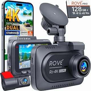 4K Upscaled Front + FHD Rear Recording, 5.8GHz WiFi, 20MB/s Download Speed, App, GPS, 3" IPS, 24Hr Parking Mode, Night Vision ROVE R2-4K Dual Dash Cam Front and Rear, STARVIS 2 Sensor, Free 128GB Card B0D6J5B98H