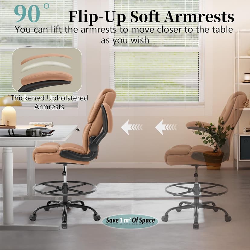 Ergonomic Drafting Chair, Tall Office Chair for Standing Desk, High Back Standing Desk Chair with Flip-Up Armrest, Adjustable Height&Foot Ring, Executive PU Leather Extended Height Office Chairs,Brown