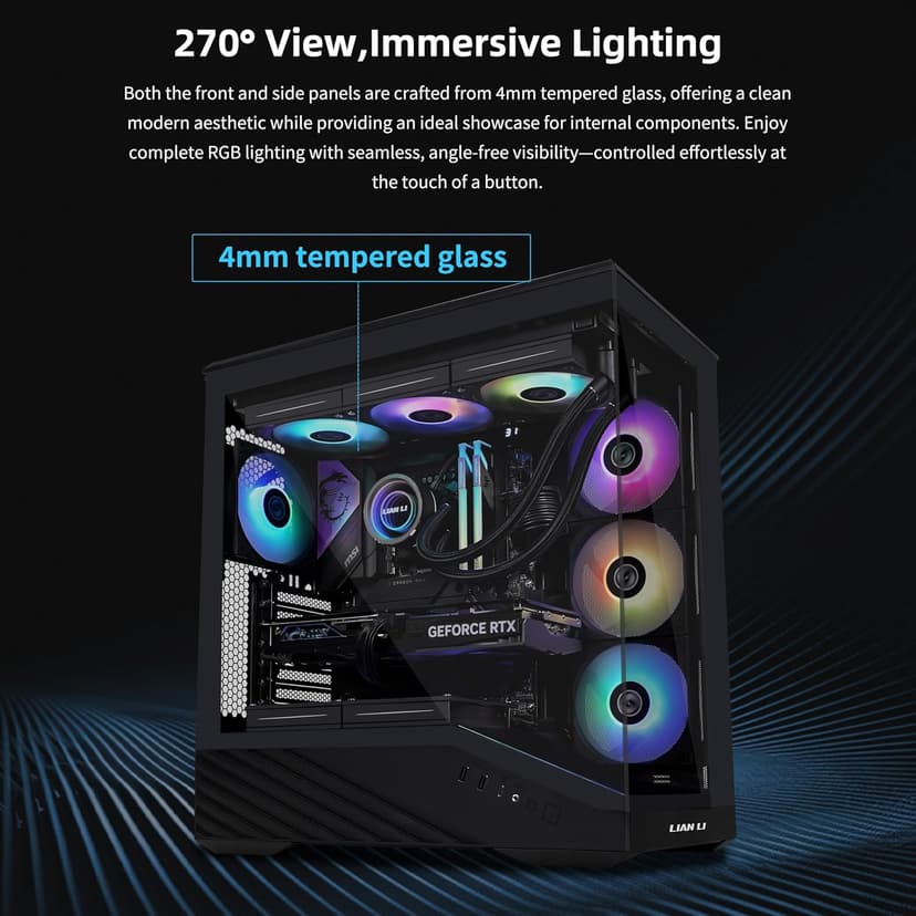 Lian Li V100 ATX Mid-Tower PC Case, 4 x 120mm ARGB PWM Fans Pre-Installed, LED RGB Strip, Display Platform with Tempered Glass, Support 420mm GPUs, 360mm Radiator, Optimized Airflow - Black (V100RX)