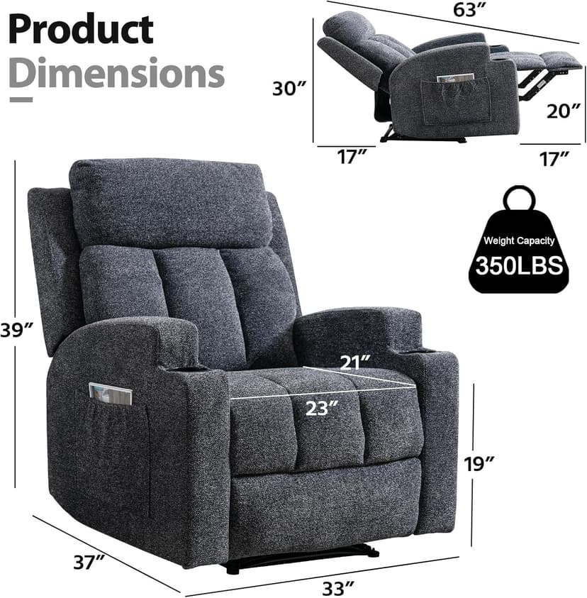 CANMOV Manual Recliner Chair with Massage and Heat, Soft Fabric Recliner Chair with Overstuffed Arm and Back, Manual Reclining Single Sofa with 2 Cup Holders, Side Pocket for Living Room, Dark Grey
