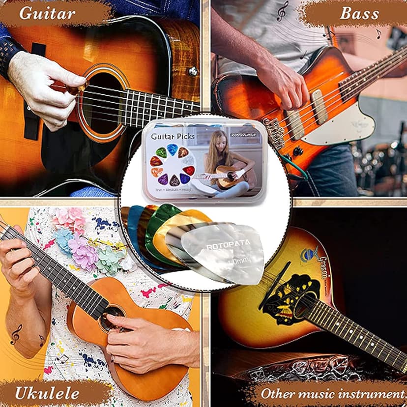 ROTOPATA Guitar Picks with Organizer Storage Box, 0.5 0.75 1.0 mm Thin Medium Heavy Plectrums, Colorful Celluloid Guitar Accessories for Bass Electric Acoustic Guitars Ukulele, 15 Pack