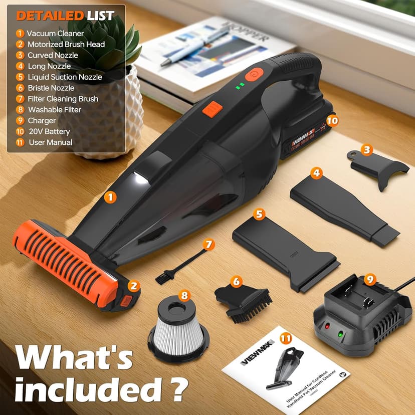 Viewmax Pet Hair Vacuum, Handheld Vacuum Cordless Rechargeable with LED, 10000Pa Suction, 20V Lightweight Portable Hand Vacuum with Multi-Nozzles & Washable HEPA Filter for Pet Hair, Car and Home