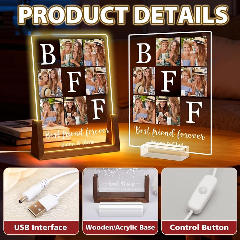 Customized Besties Friendship Gifts for Women Men, Personalized Best Friend Christmas Birthday Gifts for BFF Sister Him Her Custom Photo Frame, Personalized Best Friend Picture Frame Night Light B0FZKR66Y7