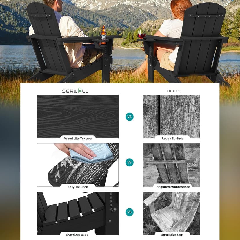 SERWALL HDPE Folding Adirondack Chair with Dual Cup Holder - Composite Adirondack Chair Set of 4- Black