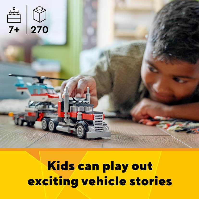 LEGO Creator 3 in 1 Flatbed Truck with Helicopter Toy, Transforms from Flatbed Truck Toy to Propeller Plane to Hot Rod and SUV Cars, Gift Idea for Boys and Girls Ages 7 Years Old and Up, 31146 B0CGY4J7QT