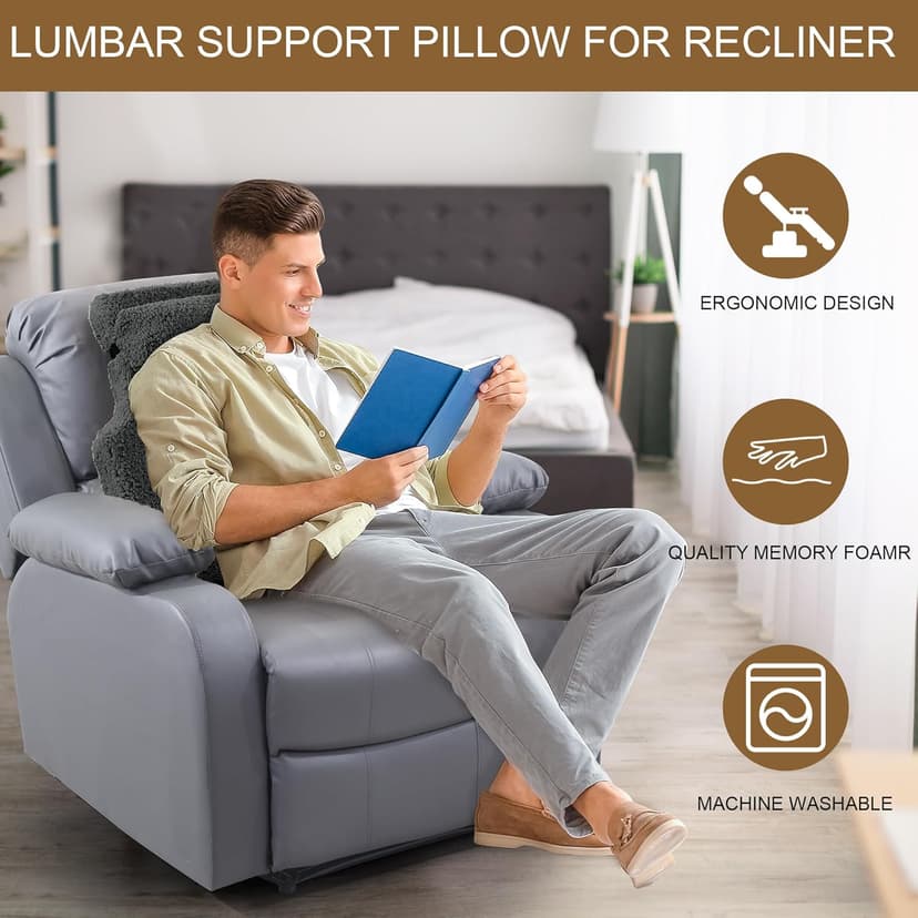 HOMBYS Sherpa Fleece Lumbar Support Pillow with Headrest for Recliner,Memory Foam Recliner Chair Cushion for Back Pain,Big High Back Support for Recliner with Chair Headrest for Elderly (Grey)