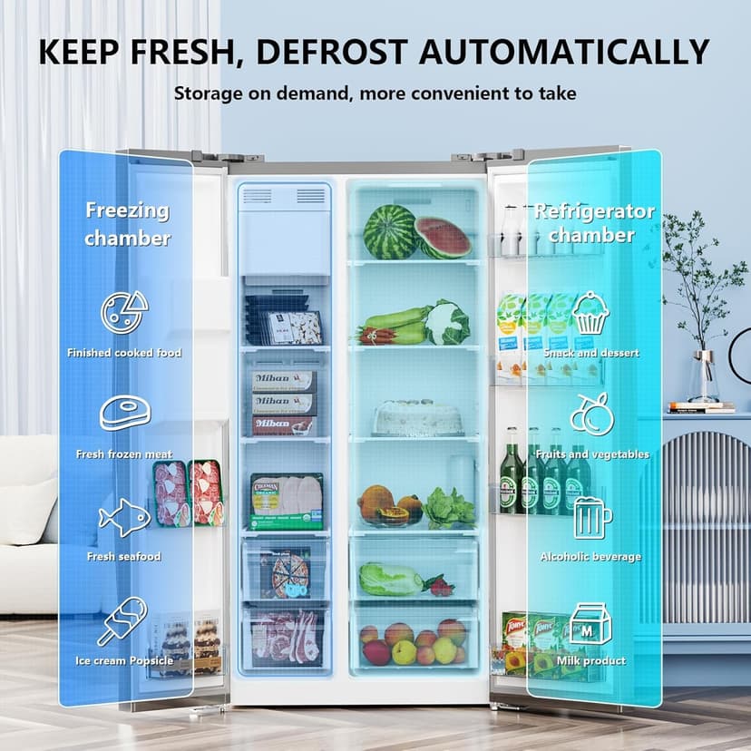 Antarctic Star 20 Cu.Ft French Door Refrigerator, Stainless Steel Fridge with Side Freezer & Water Dispenser, Nugget and Cube Ice Maker, Adjustable Thermostat