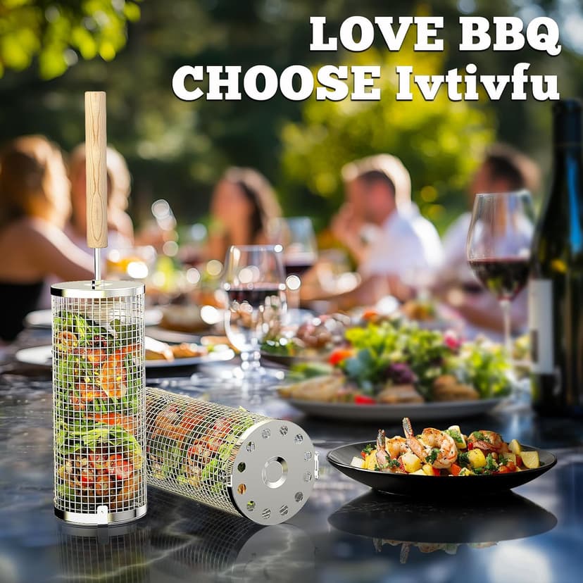 Rolling Grill Basket, Removable Wooden Handle, 304 Stainless Steel, Nesting Smoker Net, BBQ Accessories Tools for Vegetable Shrimp, Outdoor Cooking Camping, Birthday Gifts for Men Dad Husband