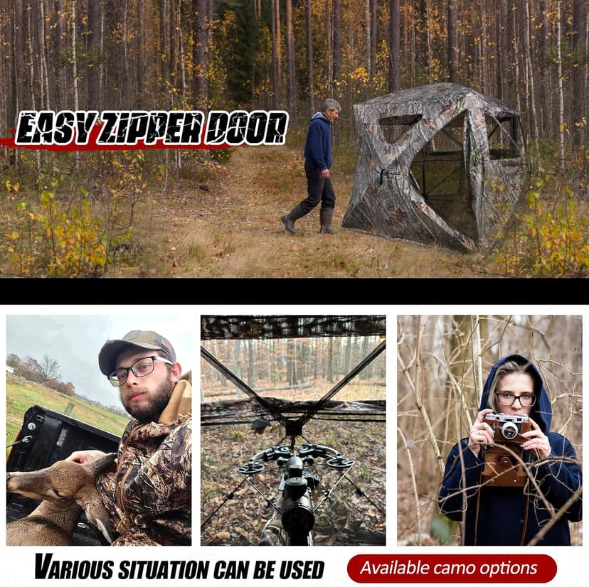 Wide Bottom Hunting Blind 1-3 Person with Portable Chair, 270 Degree See Through Pop up Ground Blinds for Deer Turkey Duck Hunting, Bow Hunting Adjust Windows with Silent Zipper