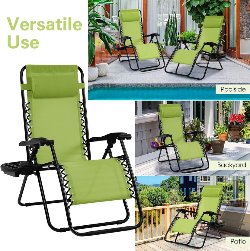Goplus Zero Gravity Lounge Chairs, 160°Adjustable Folding Recliner w/Pillow and Cup Holder, 350LBS Comfy Outdoor Lounge Chairs for Patio, Lawn, Yard & Camp(Set of 2, Green)